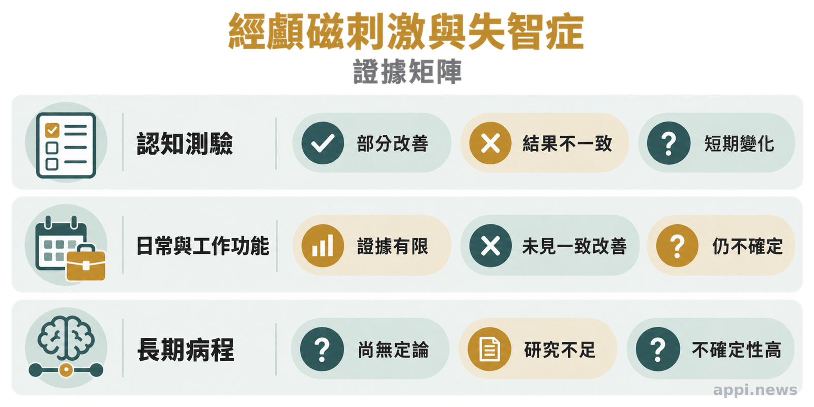 證據矩陣分別呈現認知測驗、日常與工作功能、長期病程三項結果,並標示研究結果不一致與證據不確定性