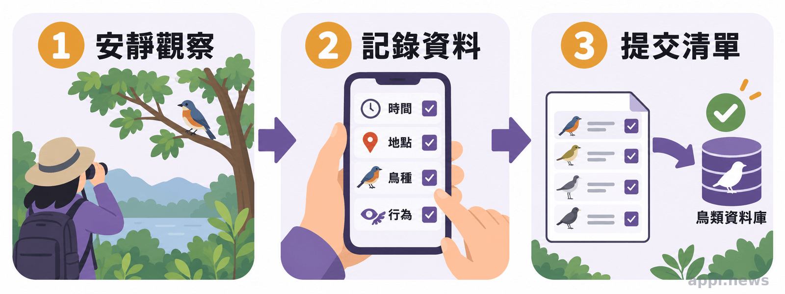 觀察者在一段距離外觀看樹上的鳥,接著用手機記錄觀察資料,再將清單提交至鳥類資料庫。