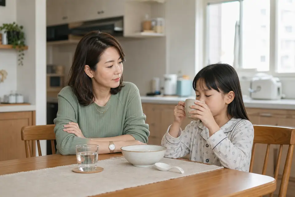 一位家長在家照顧生病的孩子,桌上放著溫開水與清淡食物