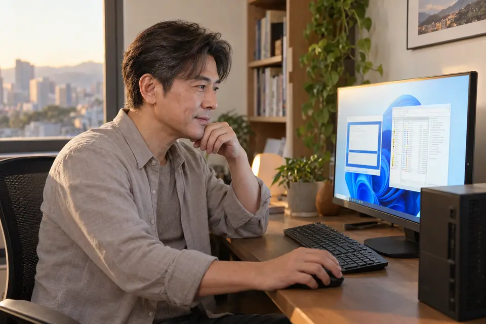 使用者坐在 Windows 桌機前查看螢幕