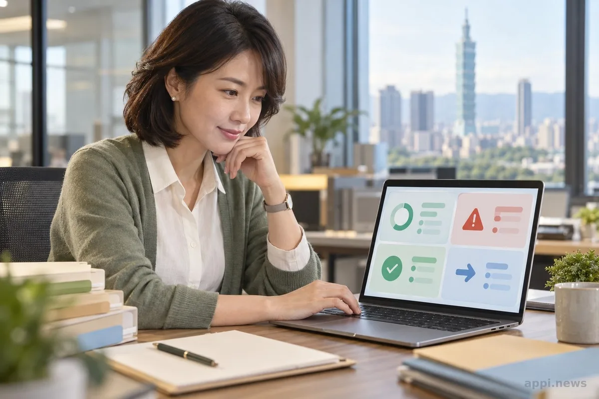 一位東亞面孔的專案經理在台灣辦公室檢視筆電上的專案交接日誌，桌旁放著整理好的文件