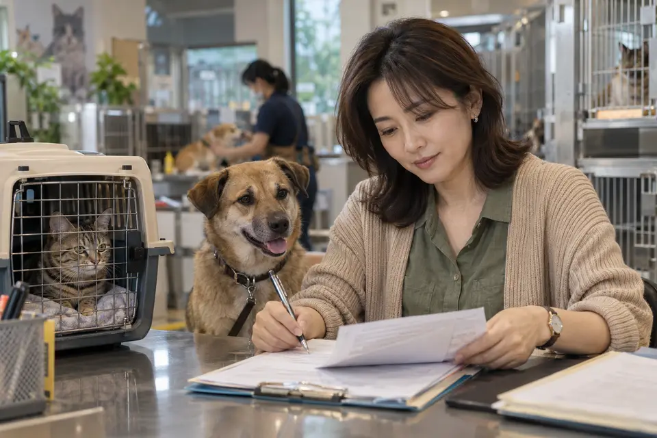 飼主在動物收容所填寫認養資料，犬貓在旁等待評估