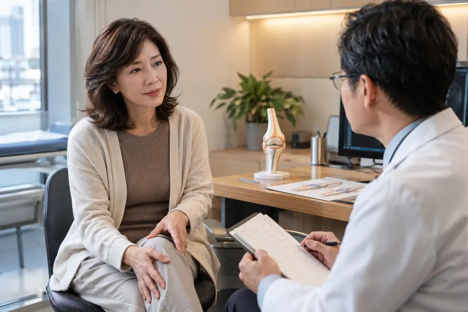 中年女性與醫療人員討論疼痛，桌上放著膝關節模型與紀錄表（示意圖）