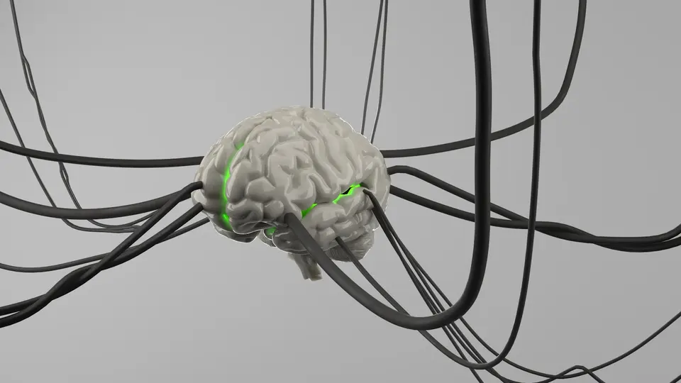 白灰色3D電腦繪圖大腦模型懸浮於淺灰色背景,多條黑色電線插入大腦,腦部呈現綠色發光條紋,象徵神經連接與訊號傳導